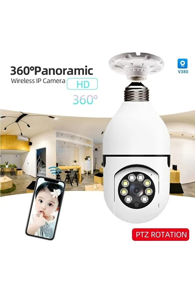 Gece Görüşlü 360 Derece Led Işık 1080p Wifi Kamera Kablosuz Panoramik Balıkgözü Ampul Kamera